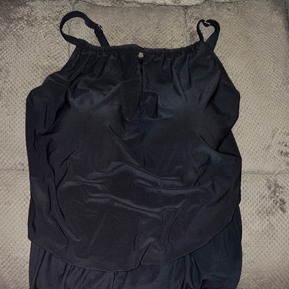 One piece black bathing suit